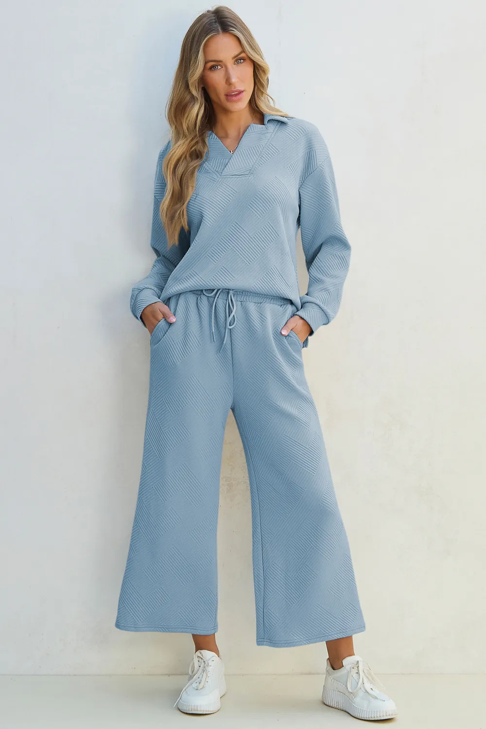 Textured Collared Neck Top and Wide Leg Pants Set, image 3
