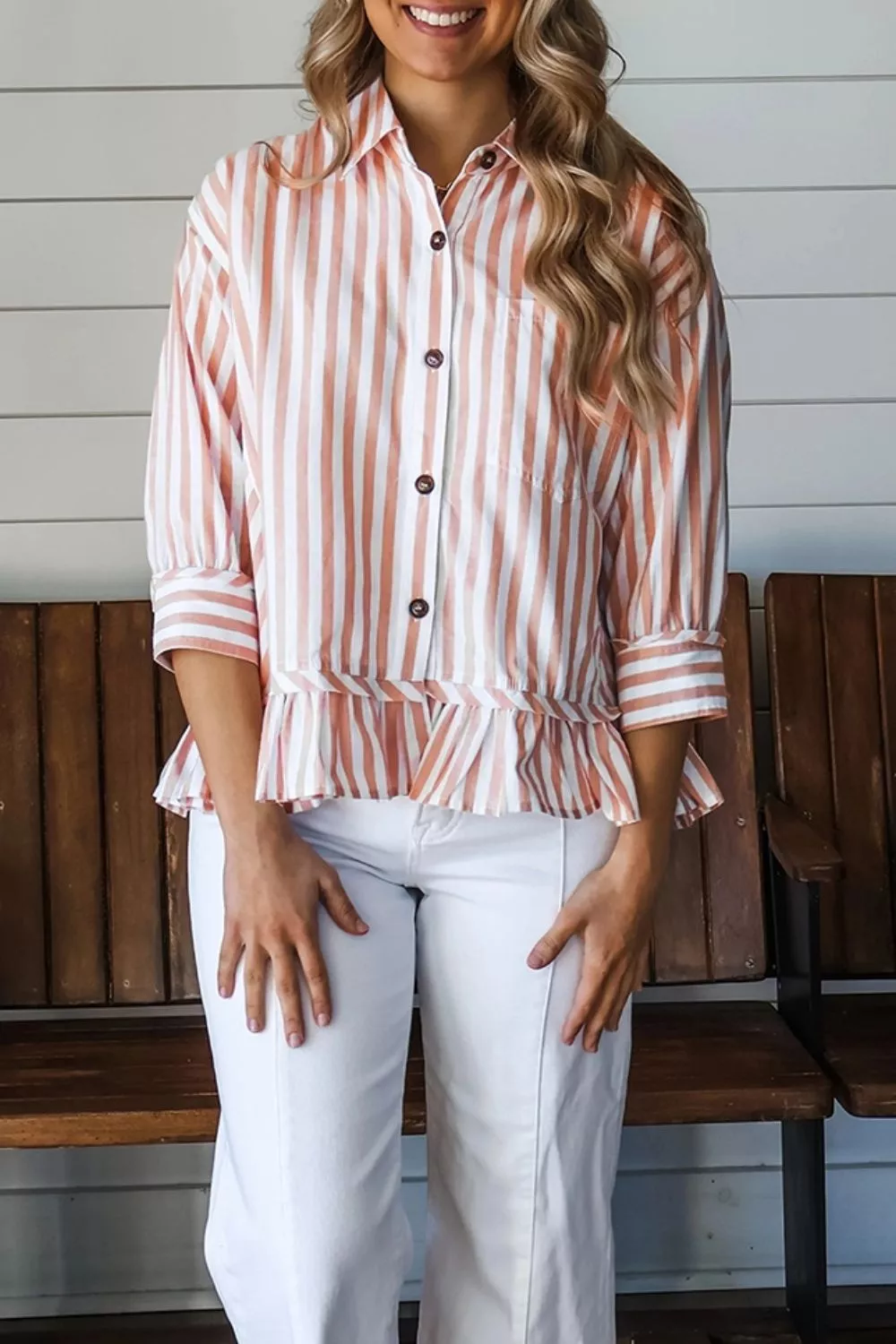 Stripe Collar Button Front Bracelet Sleeve Ruffle Hem Shirt, image 3