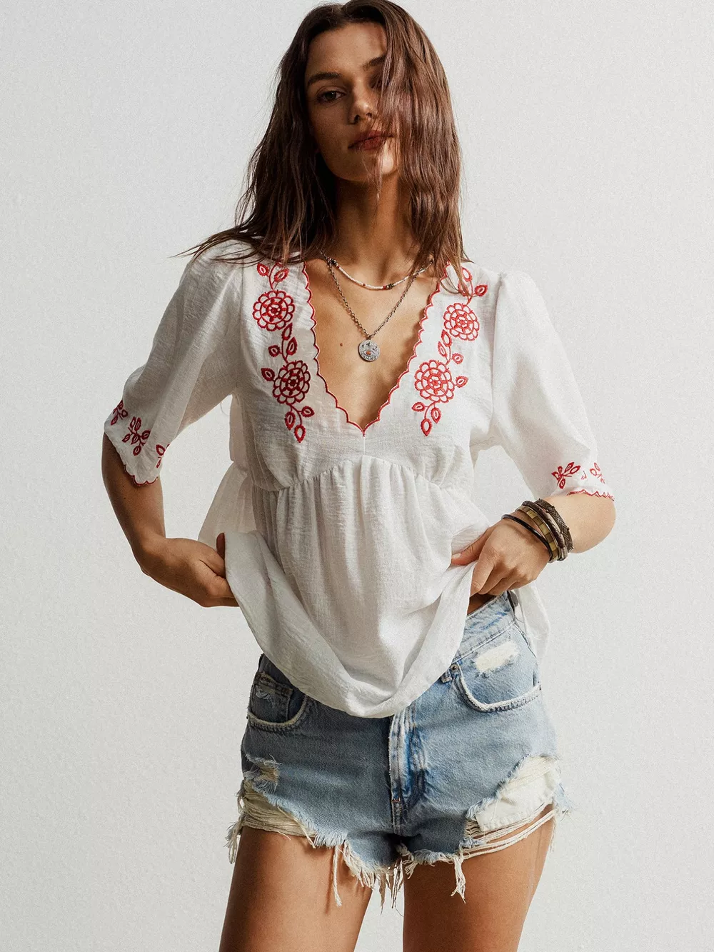 Embroidered Floral V-Neck Blouse