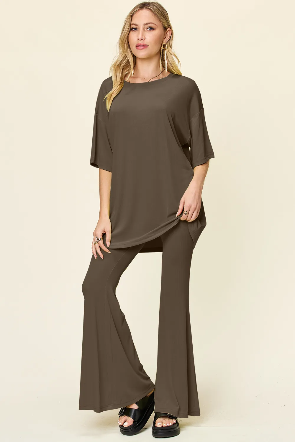 Full Size Round Neck Drop Shoulder T-Shirt and Flare Pants Set, image 22