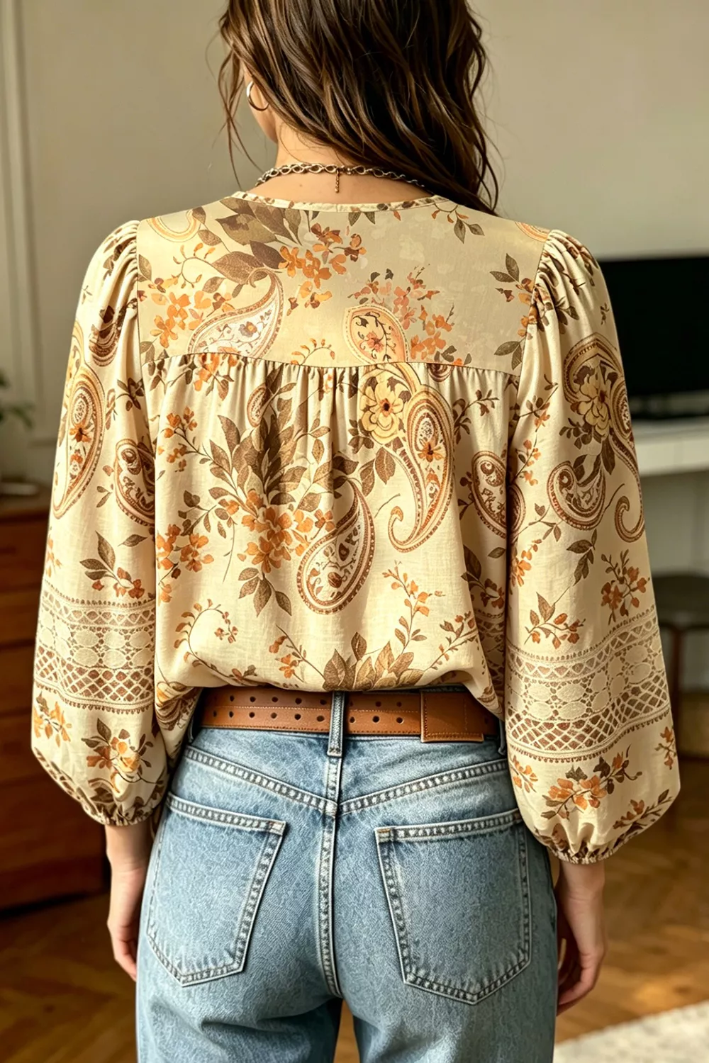 Paisley Print Decorative Binding Tape V Neck Shift Blouse, image 2
