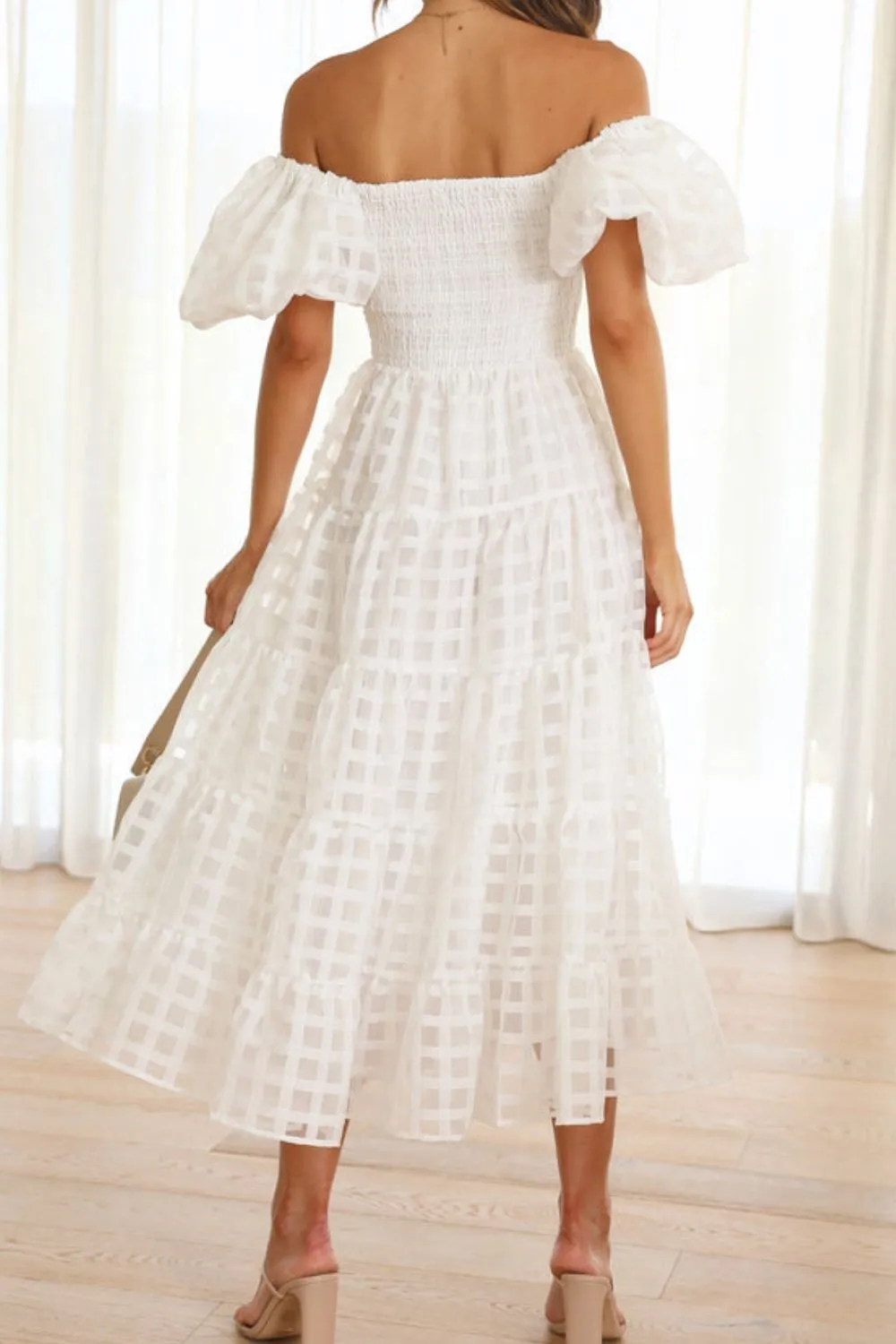Off Shoulder Short Puff Sleeve Midi Dress, image 30