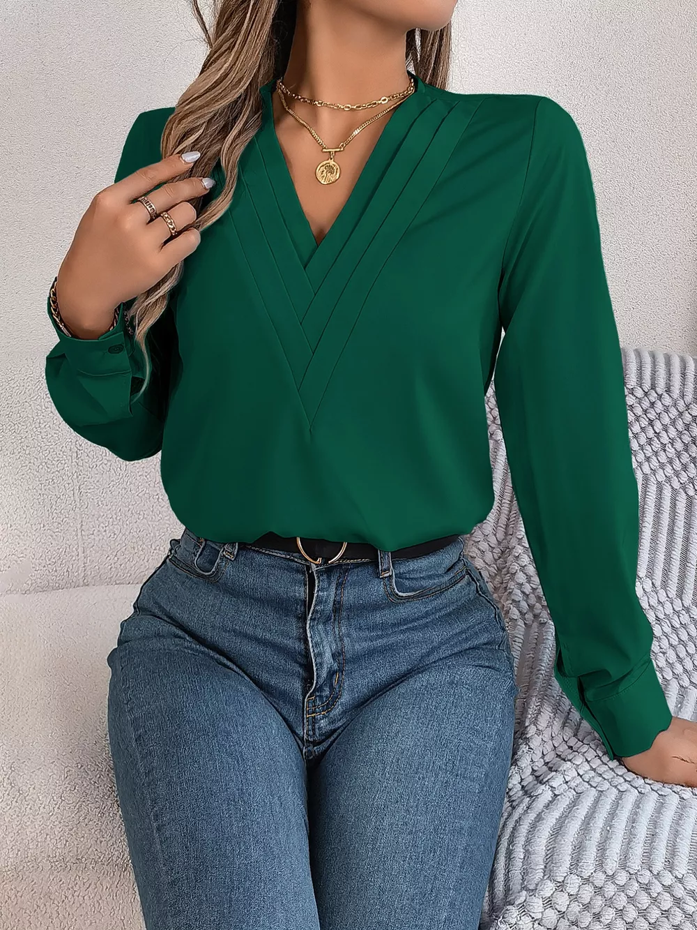 Layered V-Neck Long Sleeve Blouse, image 20