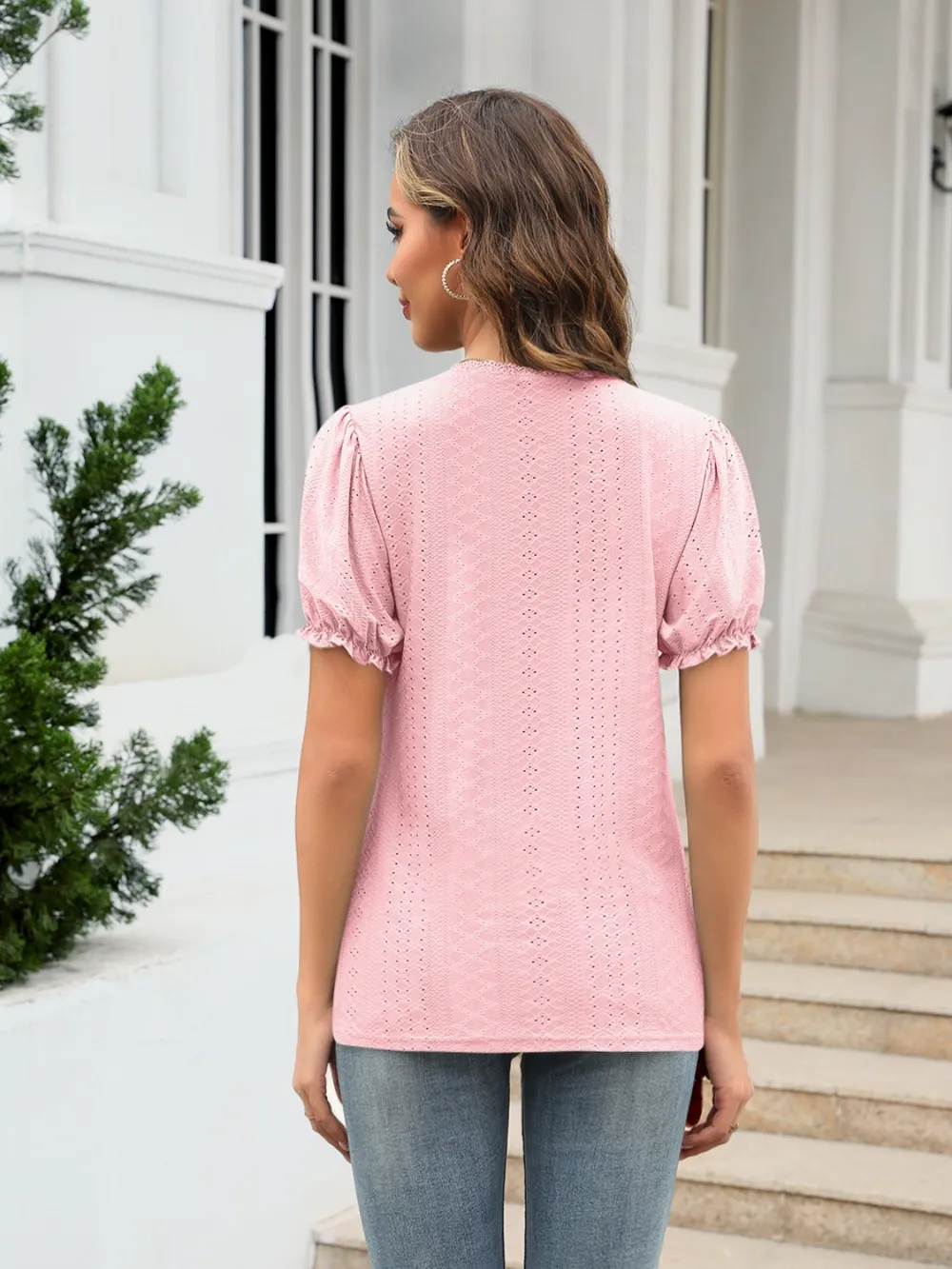 Eyelet Round Neck Short Sleeve Blouse, image 10