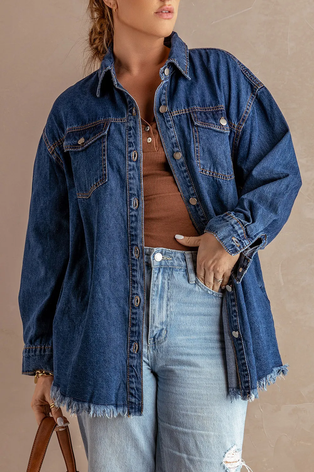 Button Up Pocketed Raw Hem Denim Jacket, image 12