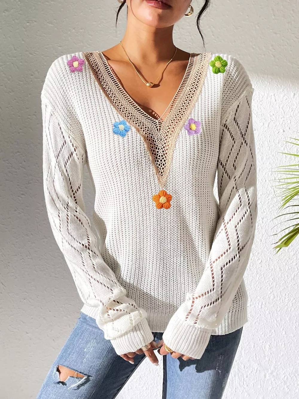 Floral Applique V-Neck Openwork Sweater, image 3