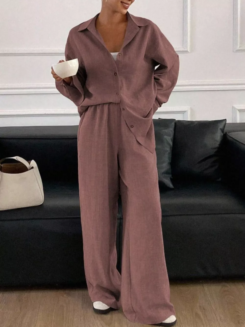 Button Up Long Sleeve Shirt and Wide Leg Pants Set, image 10