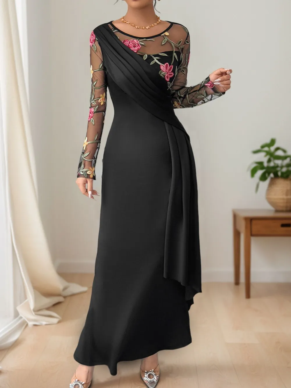 Floral Mesh Sleeve Ruched Maxi Dress, image 8