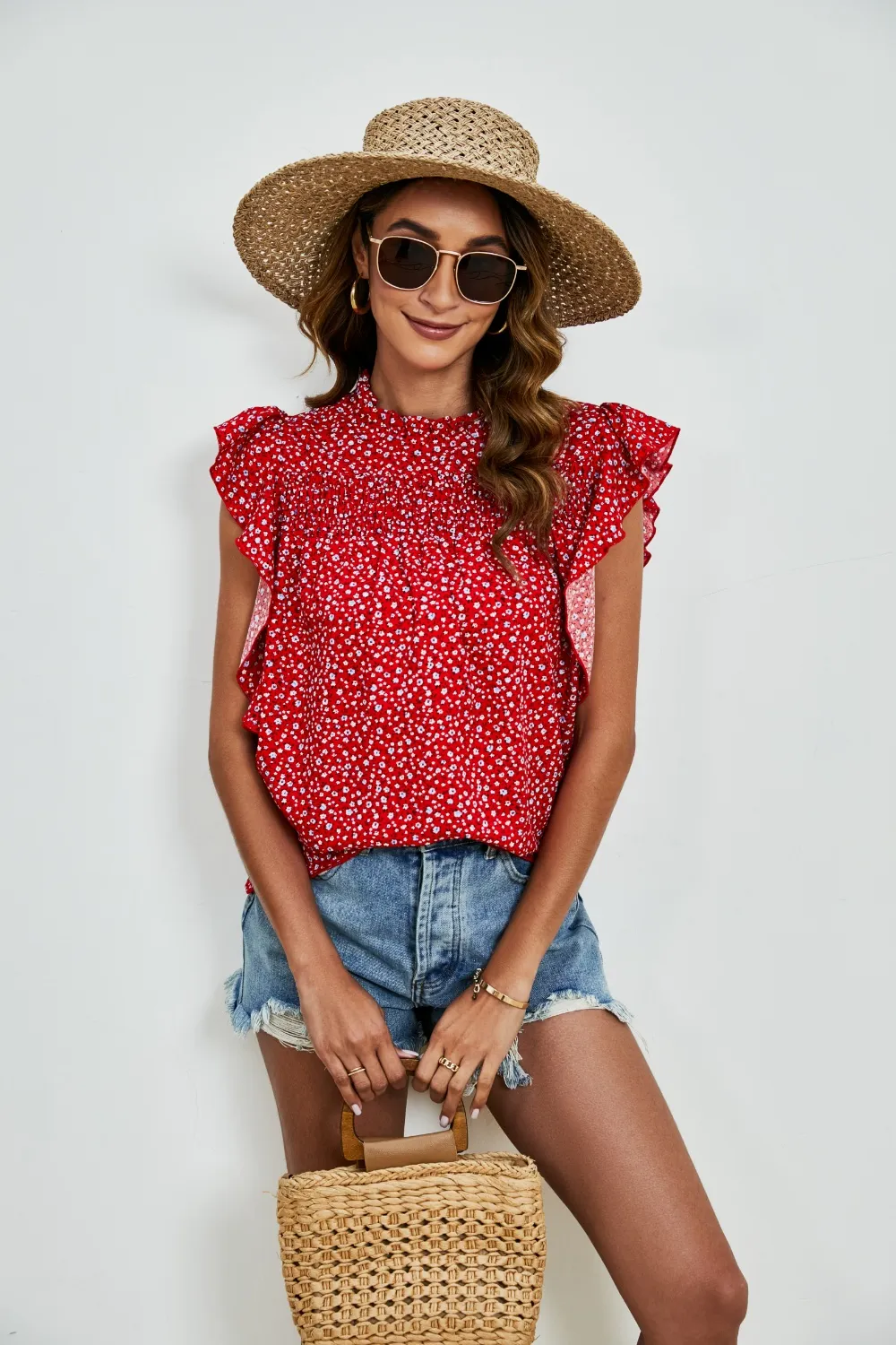 Ruffled Ditsy Floral Mock Neck Cap Sleeve Blouse, image 24