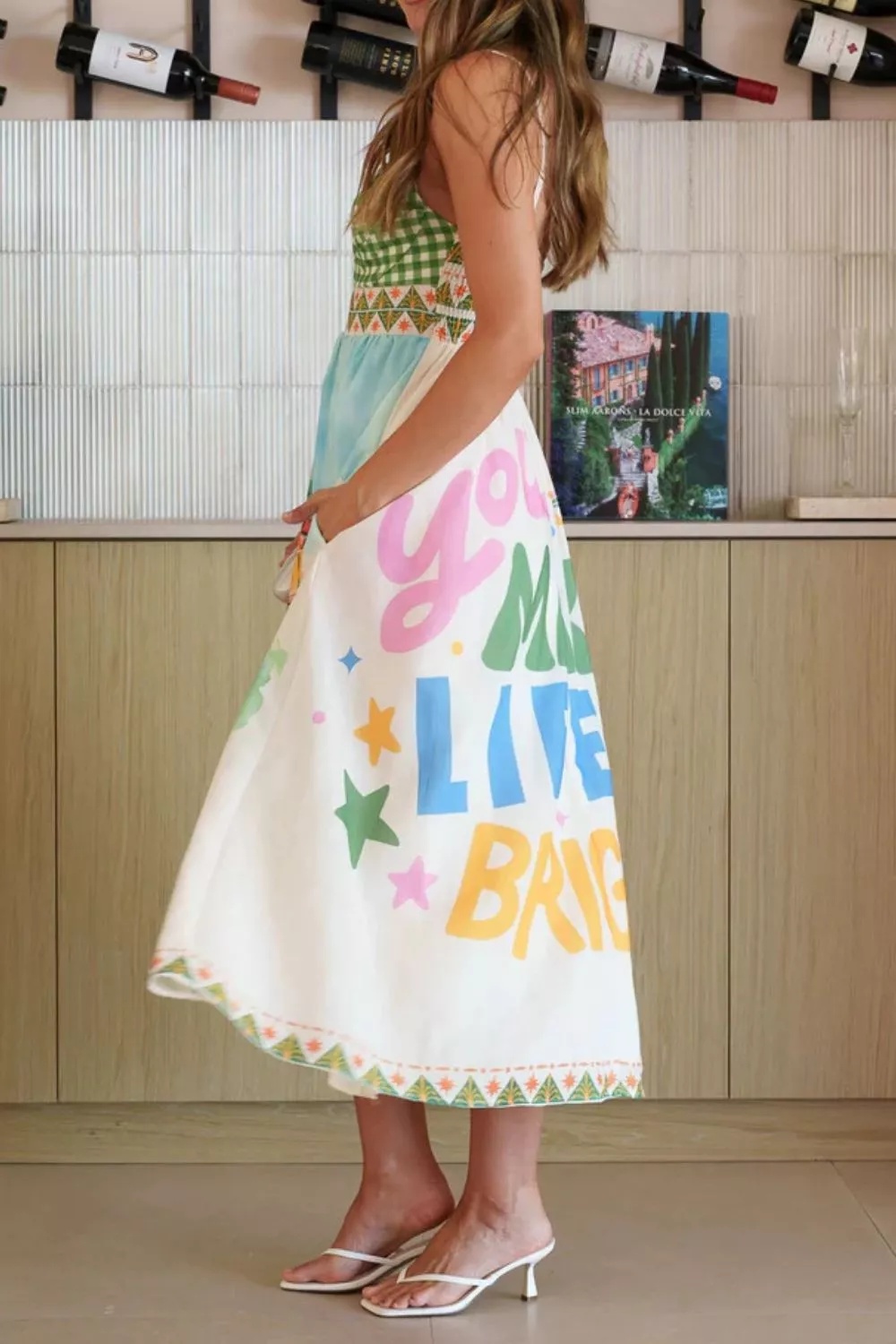 Gingham Bodice Scenic Print Midi Dress, image 7