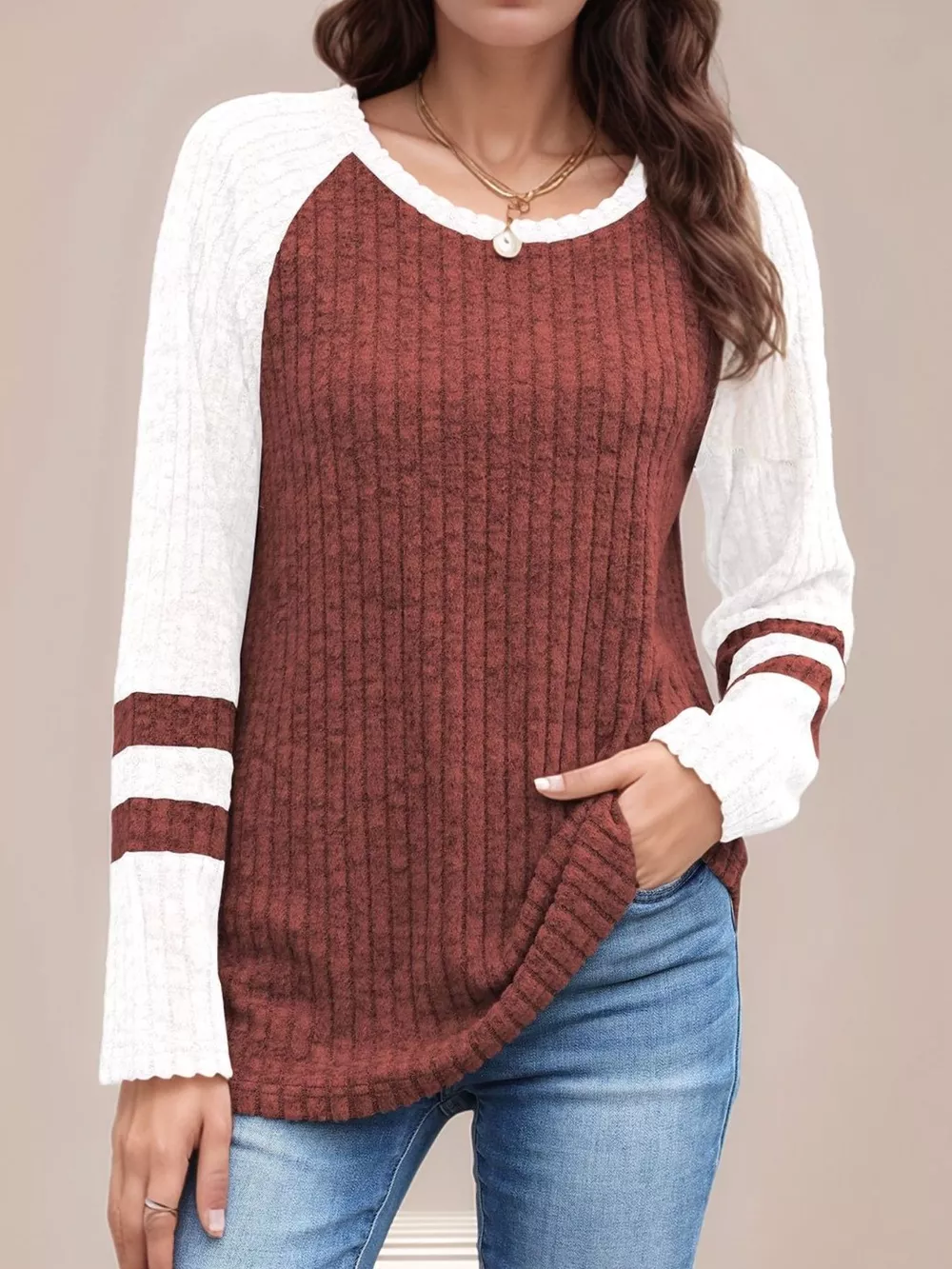 Ribbed Round Neck Raglan Sleeve Top, image 2