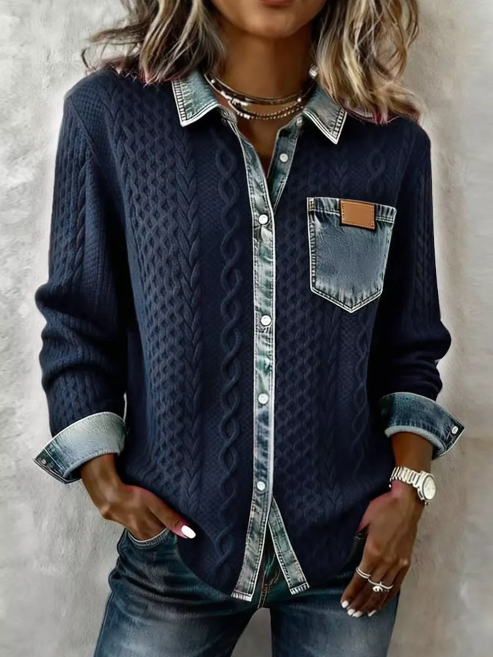 Denim Trim Cable Knit Cardigan, image 9