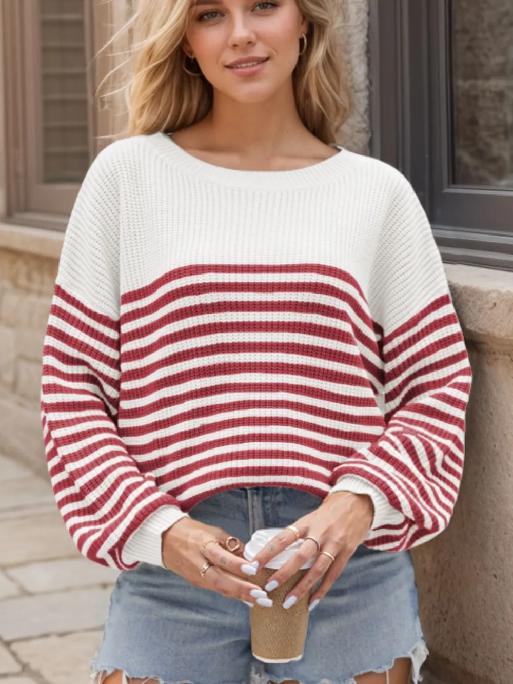 Striped Round Neck Long Sleeve Sweater, image 4
