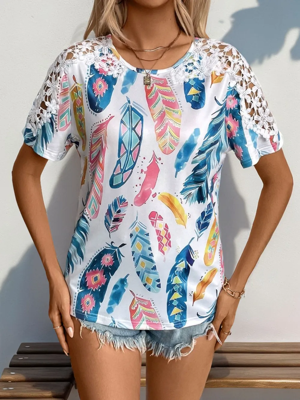 Printed Round Neck Lace Short Sleeve Top, image 6