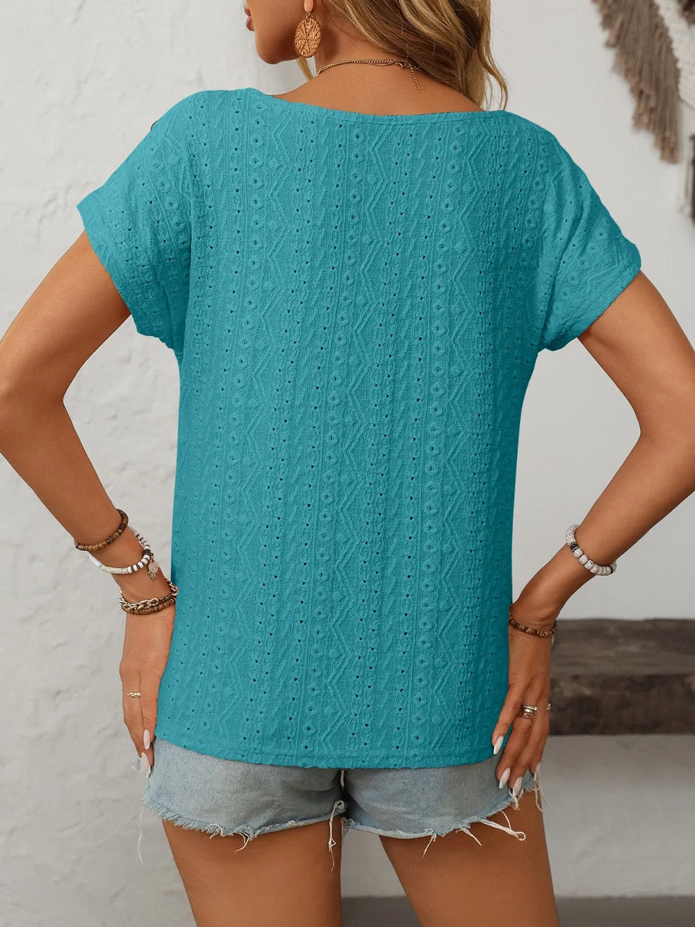Eyelet Round Neck Short Sleeve Top, image 32