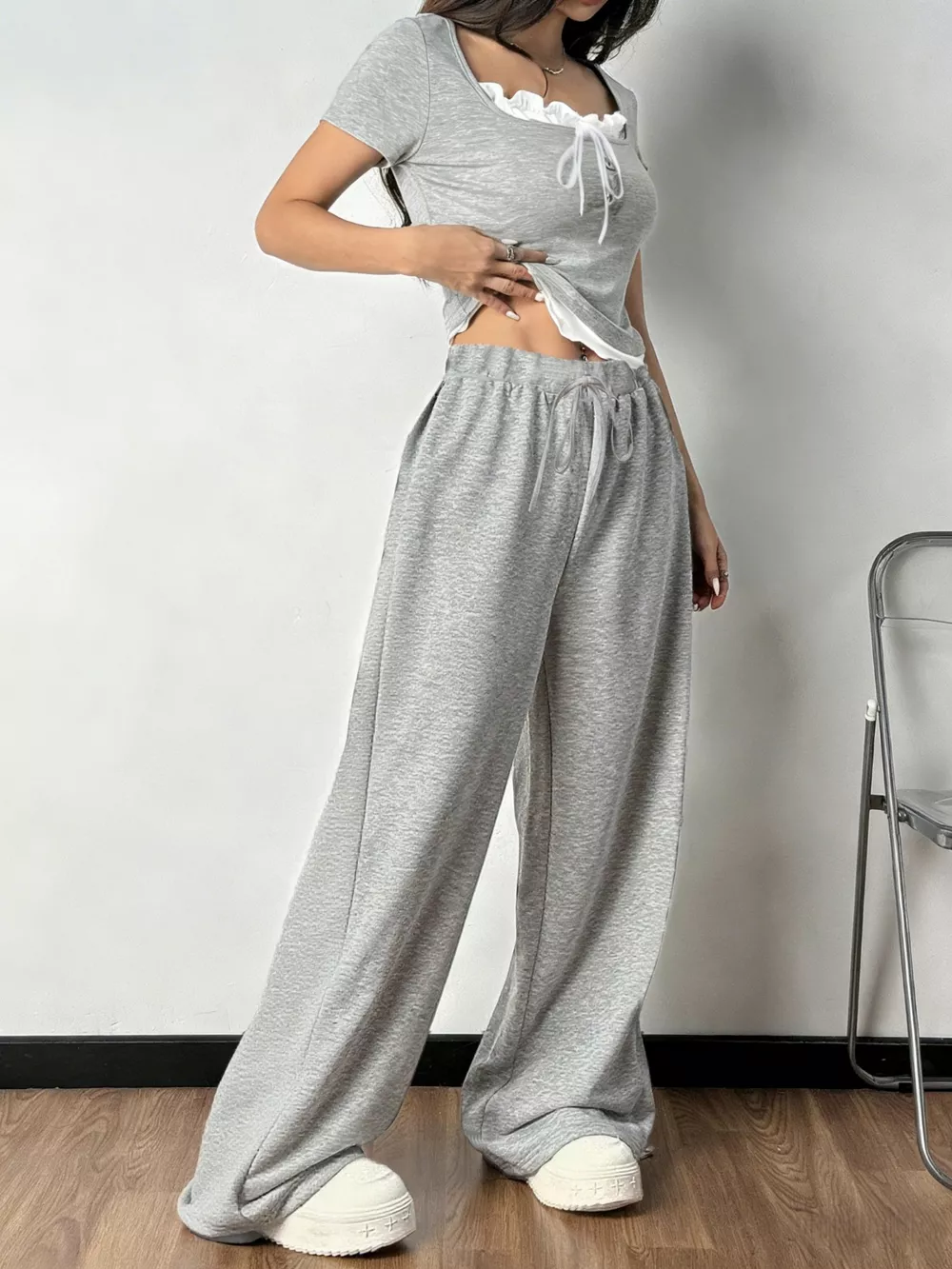 Tie Front Short Sleeve Top and Pants Set, image 3