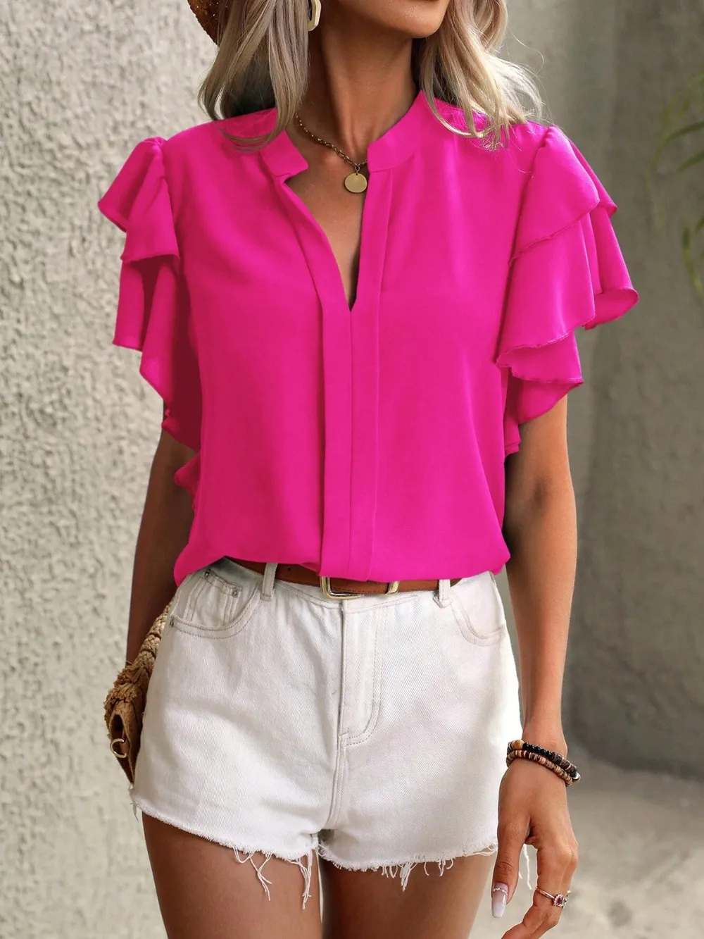 Ruffled Notched Short Sleeve Blouse, image 19