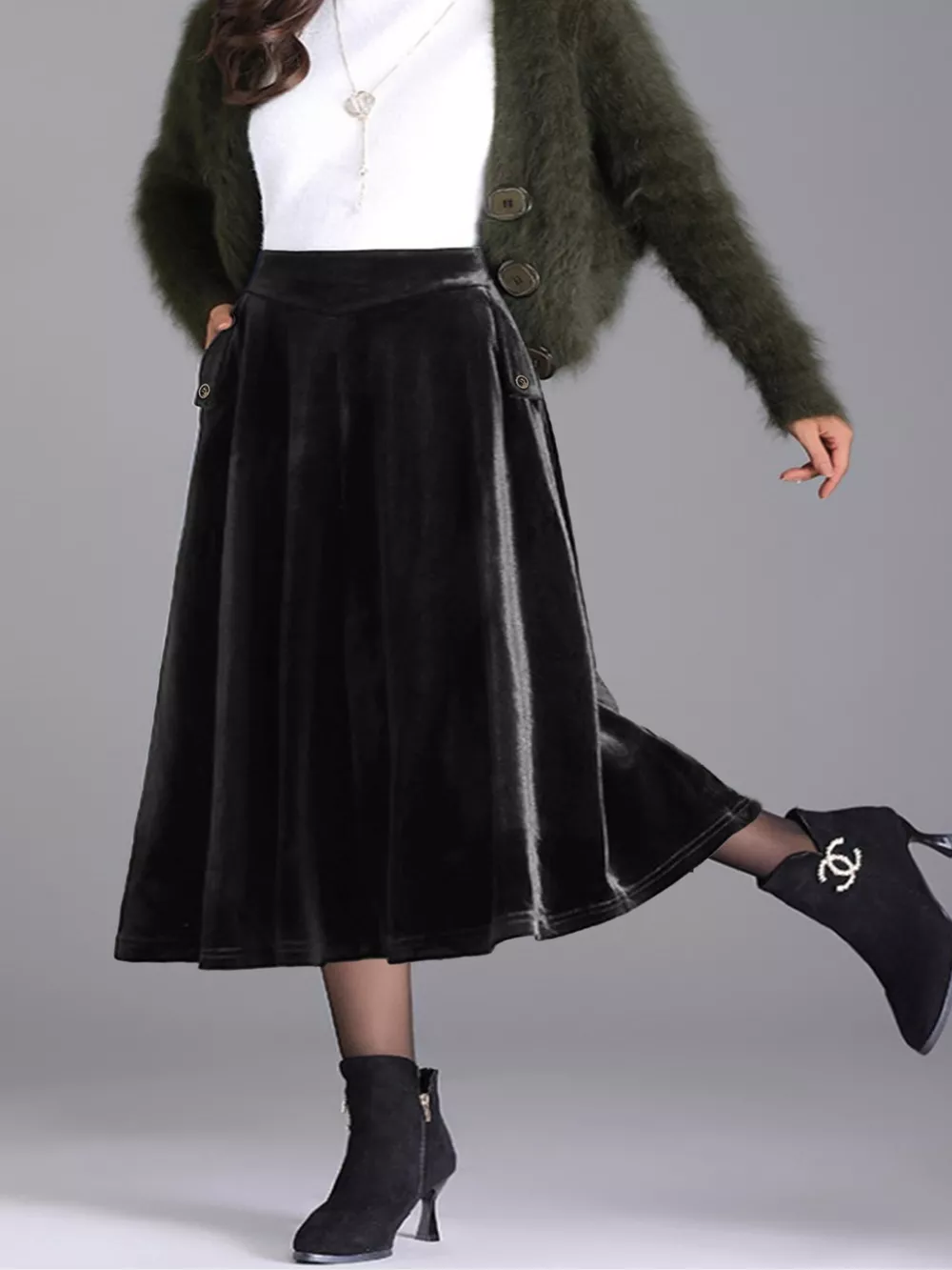 Plus Size Elegant Velvet A-Line Midi Skirt, image 5