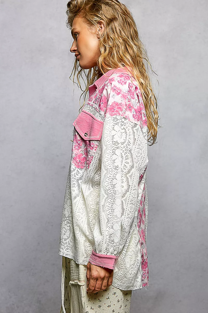 Floral Print Long Sleeve Lace Shirt with Front Pocket, image 5