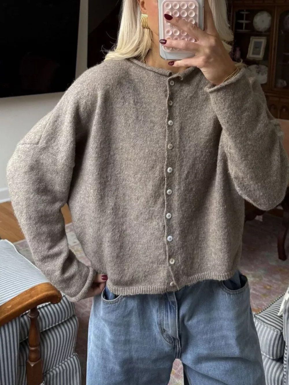 Button-Down Dropped Shoulder Cardigan