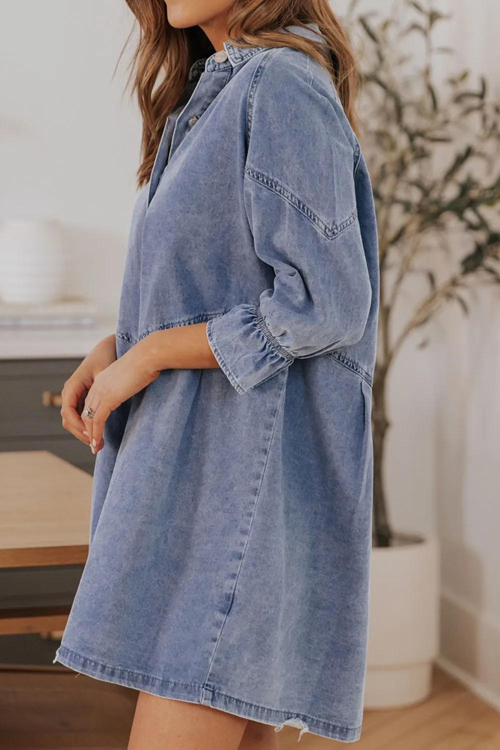 Distressed Collared Neck Flounce Sleeve Denim Dress, image 7
