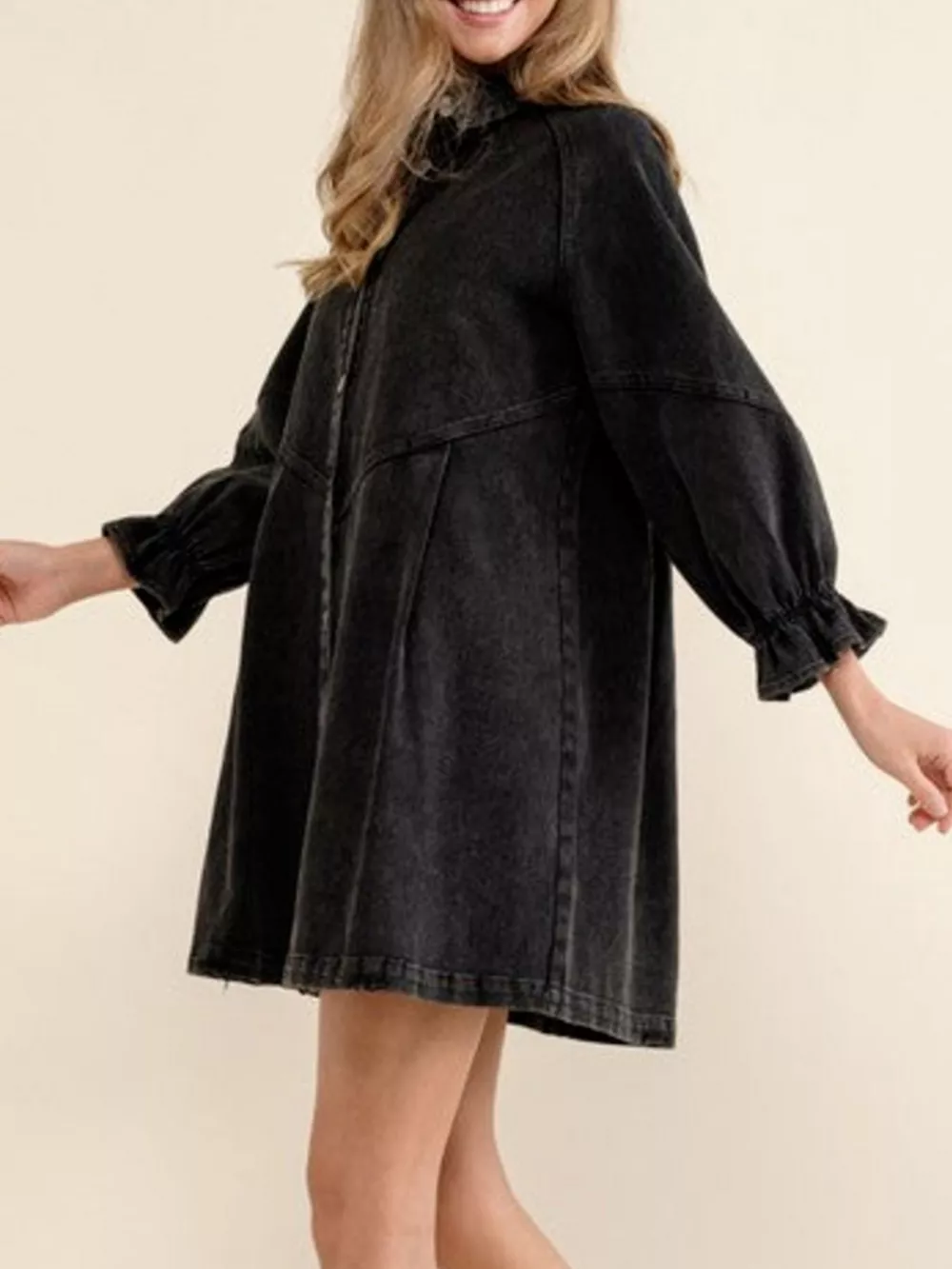 Ruffled Cuff Button-Down Denim Dress, image 14