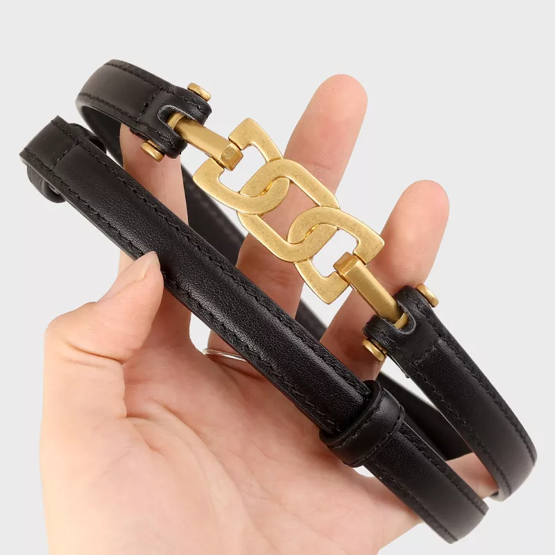 Gold Buckle Skinny Leather Belt, image 3