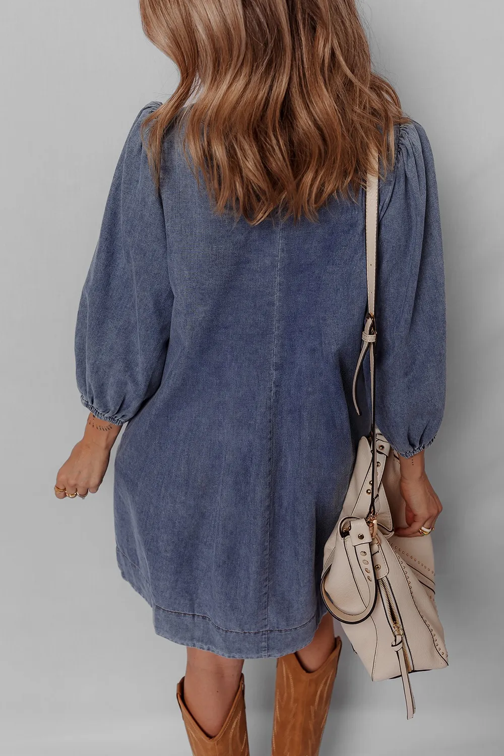 Tie Neck Long Sleeve Mini Denim Dress, image 8