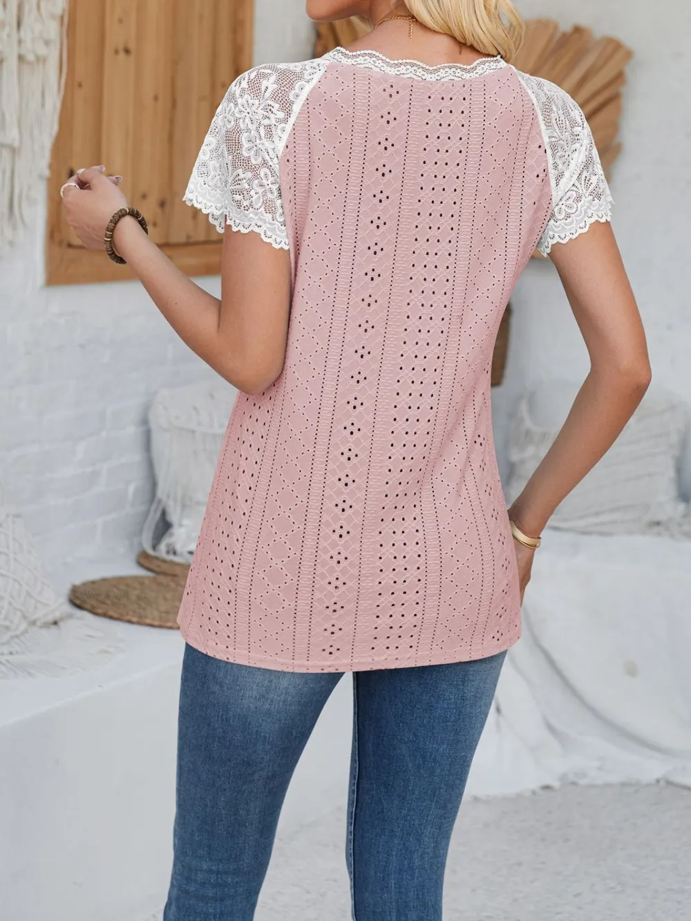 Eyelet Lace Detail V-Neck Short Sleeve Top, image 6