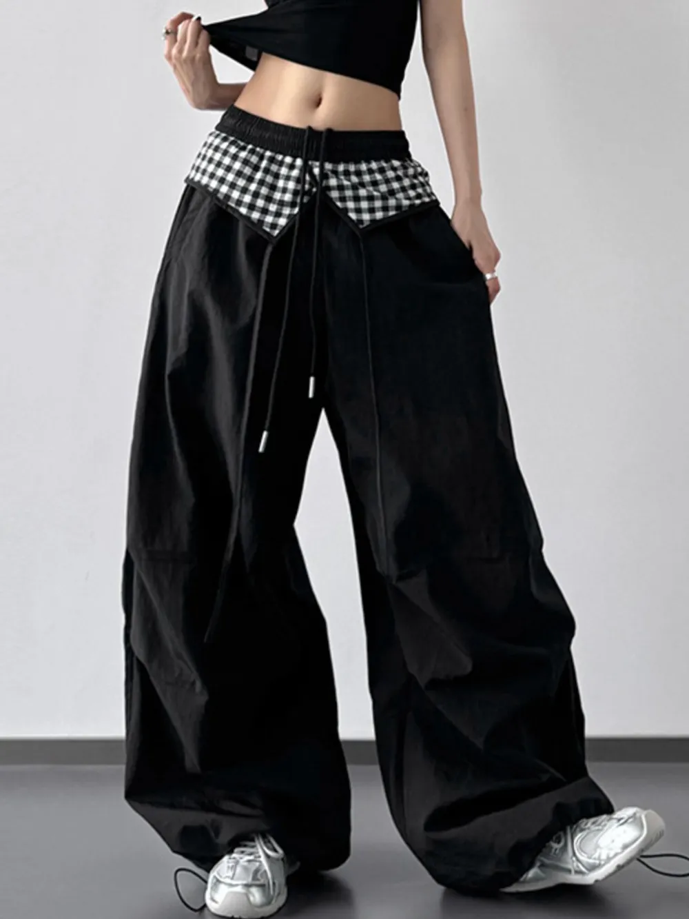 Wide Leg Pants with Checkered Detail, image 5