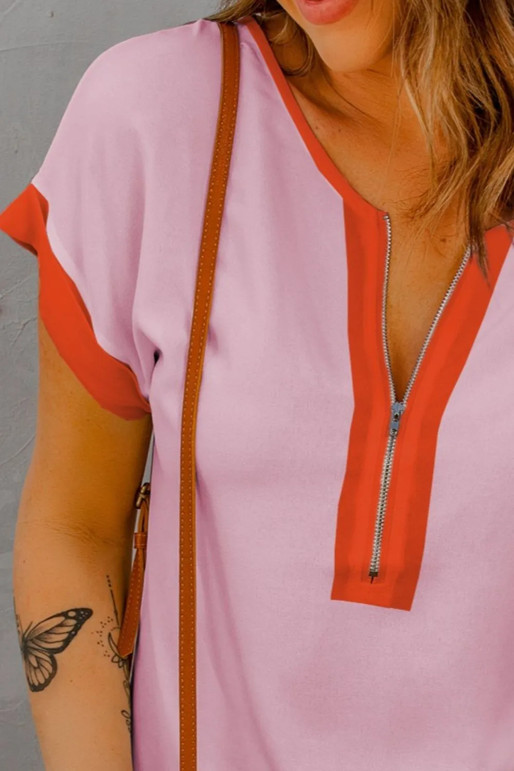 Contrast Half Zip Short Sleeve Top, image 3
