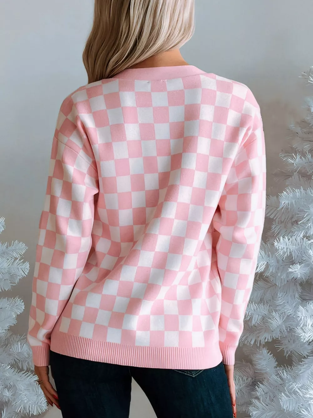 Christmas Tree Pattern Checkered Button V Neck Cardigan, image 7