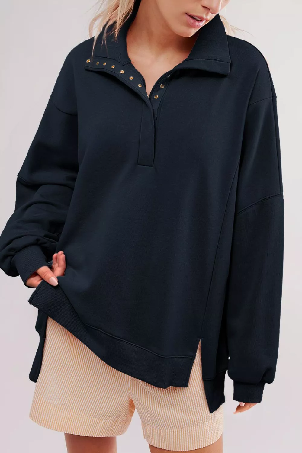 uttoned Collared Raw Detail High Low Baggy Sweatshirt with Slits, image 6