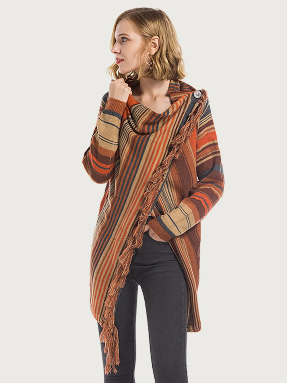 Tassel Striped Open Front Long Sleeve Cardigan, image 5