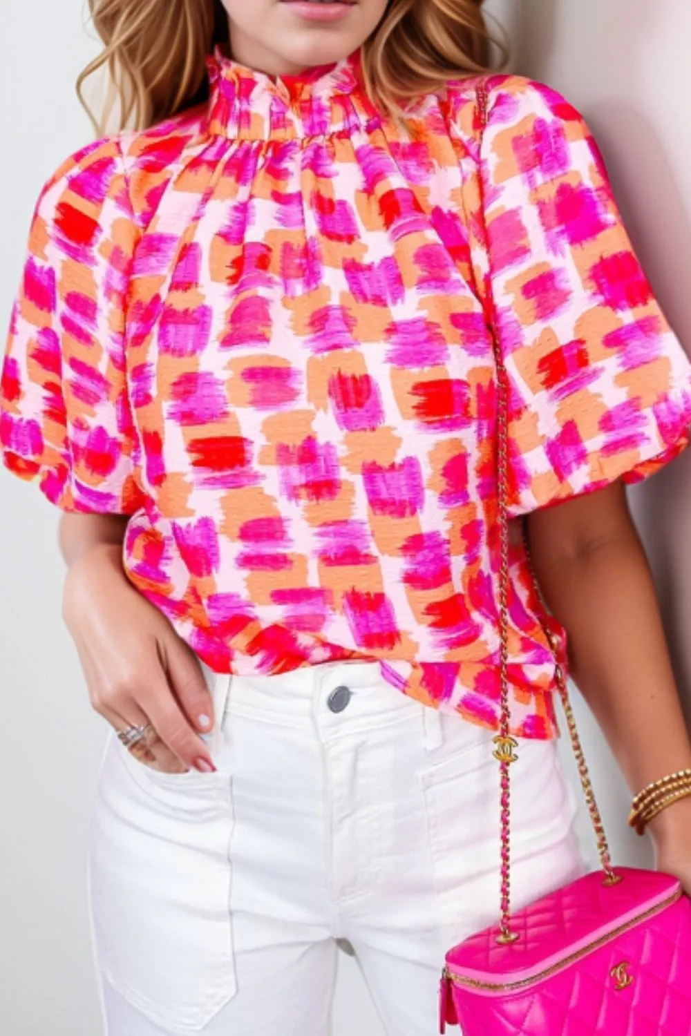 Abstract Print Button Back Ruffed Mock Neck Blouse