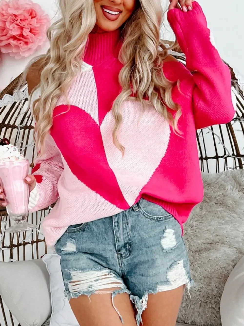 Valentine's Day Heart Turtleneck Cold Shoulder Sweater, image 2