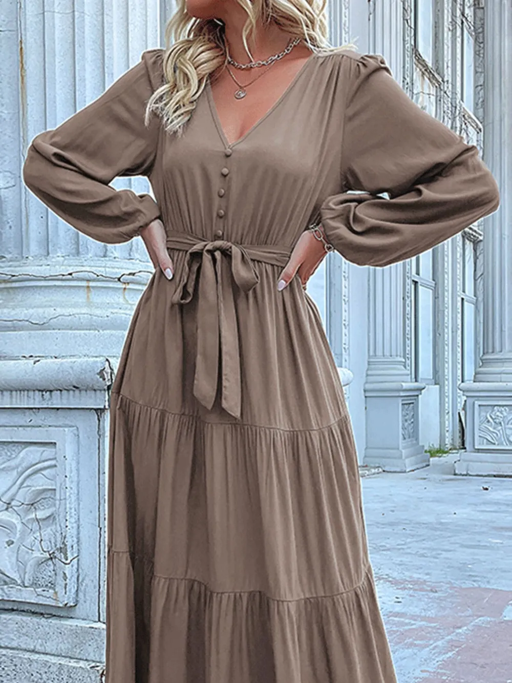 Ruffled Hem V-Neck Balloon Sleeve Dress, image 33