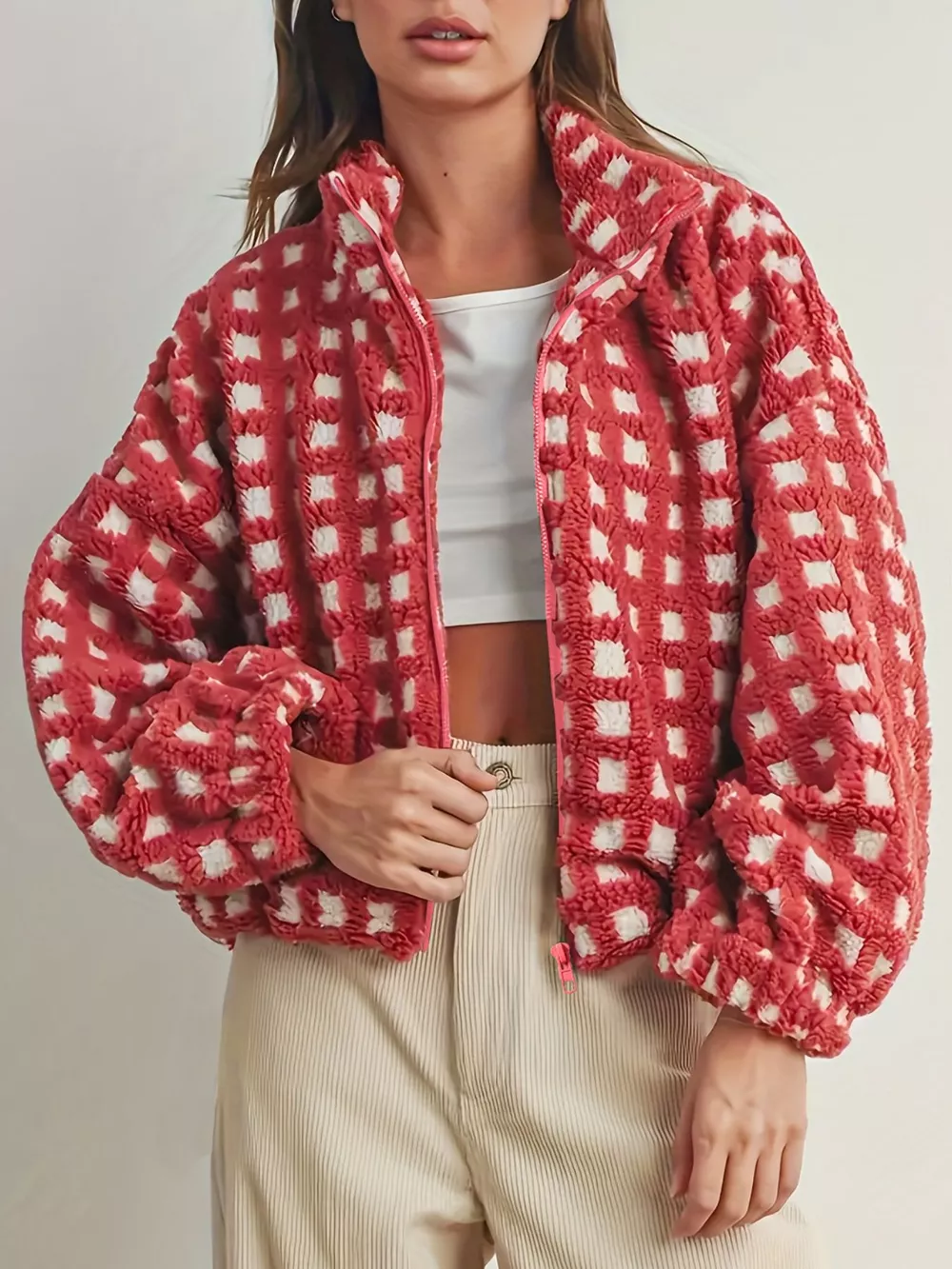 Plaid Zip Up Sherpa Jacket, image 3