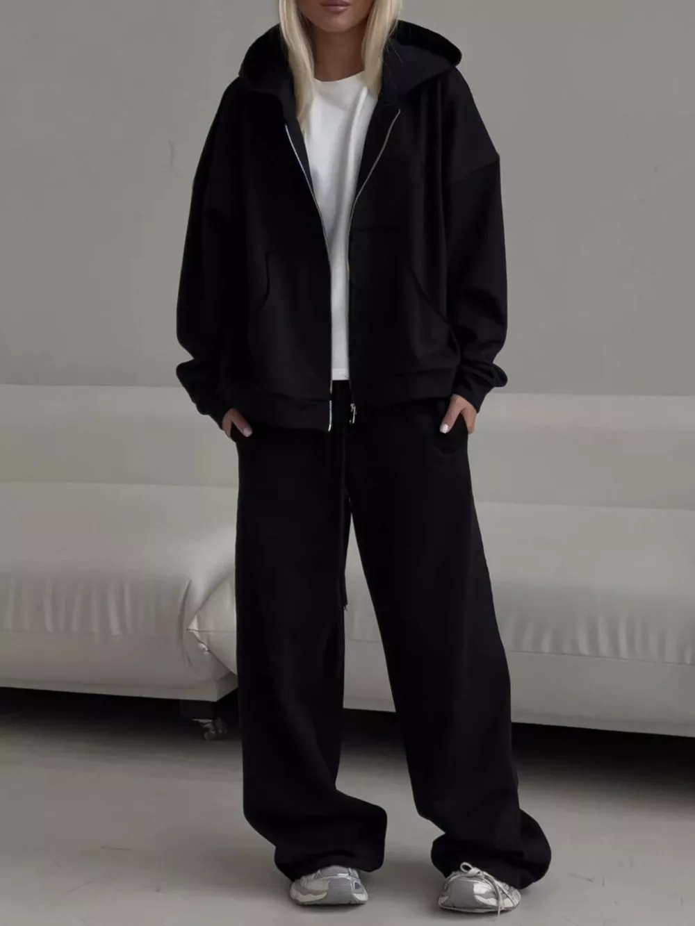 Casual Zip-Up Hoodie and Wide-Leg Sweatpants Set, image 7