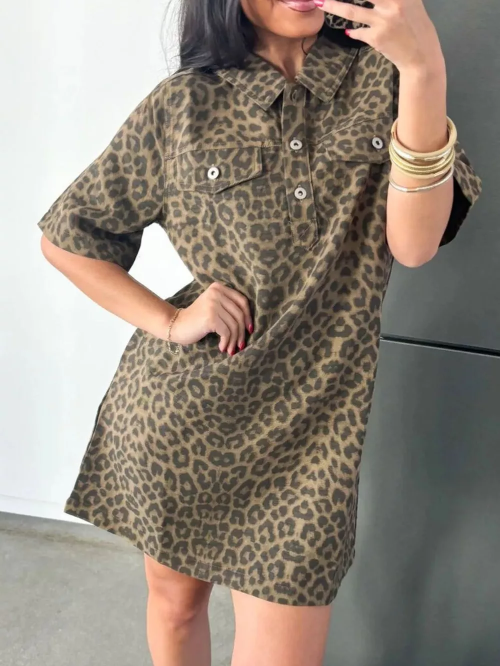 Leopard Print Short Sleeve Denim Dress, image 4