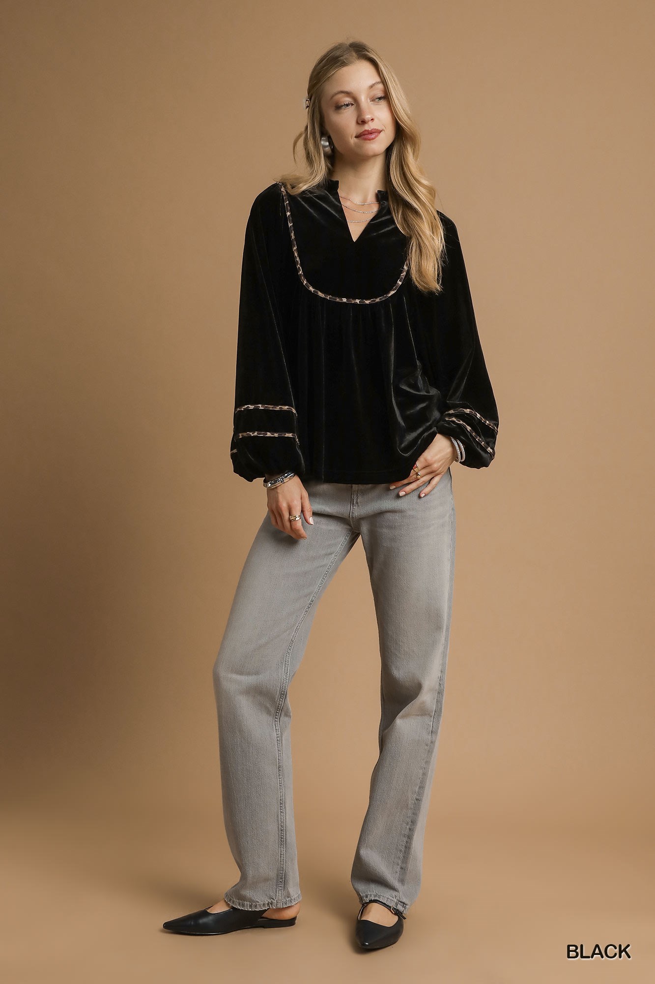 Velvet Long Sleeve Blouse with Contrast Trim, image 4