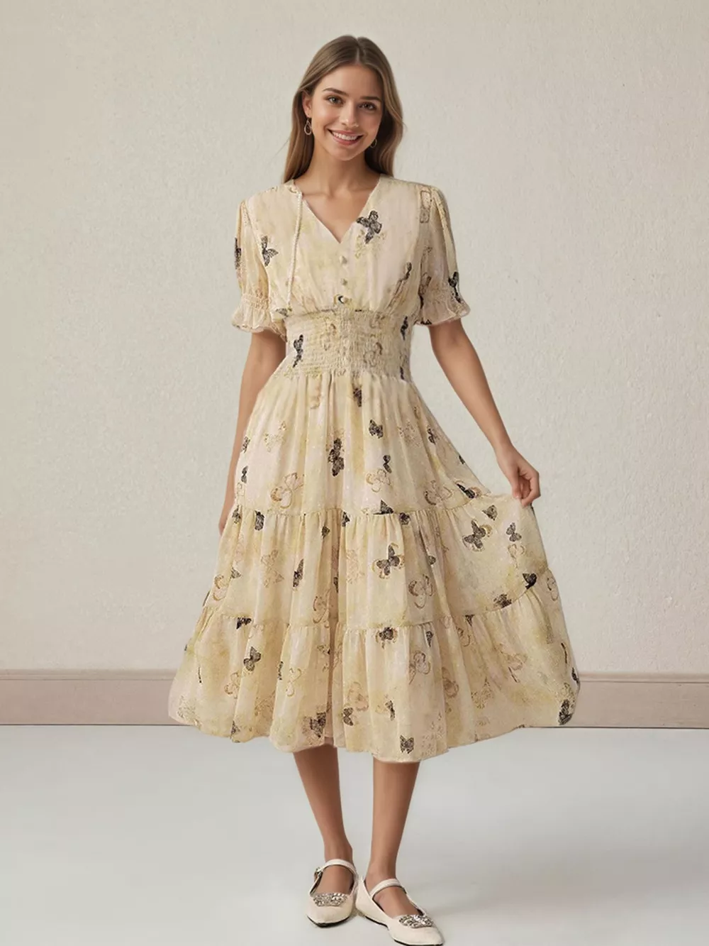 Butterfly Print Smocked Waist Tiered Midi Dress, image 2