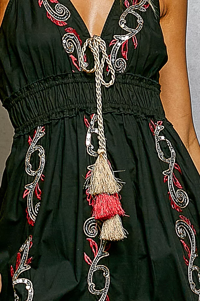 Embroidered Detail Tassel Tie Smocked Waist Midi Tiered Cami Dress, image 6