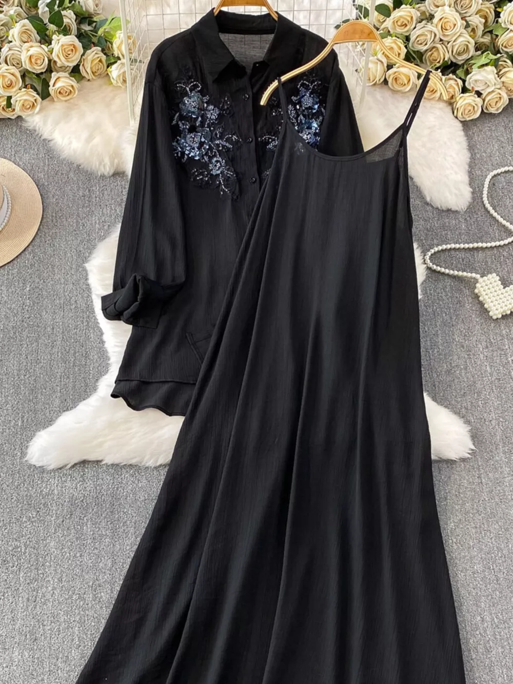 Sequin Flower Button Up Shirt and Cami Dress Set, image 17