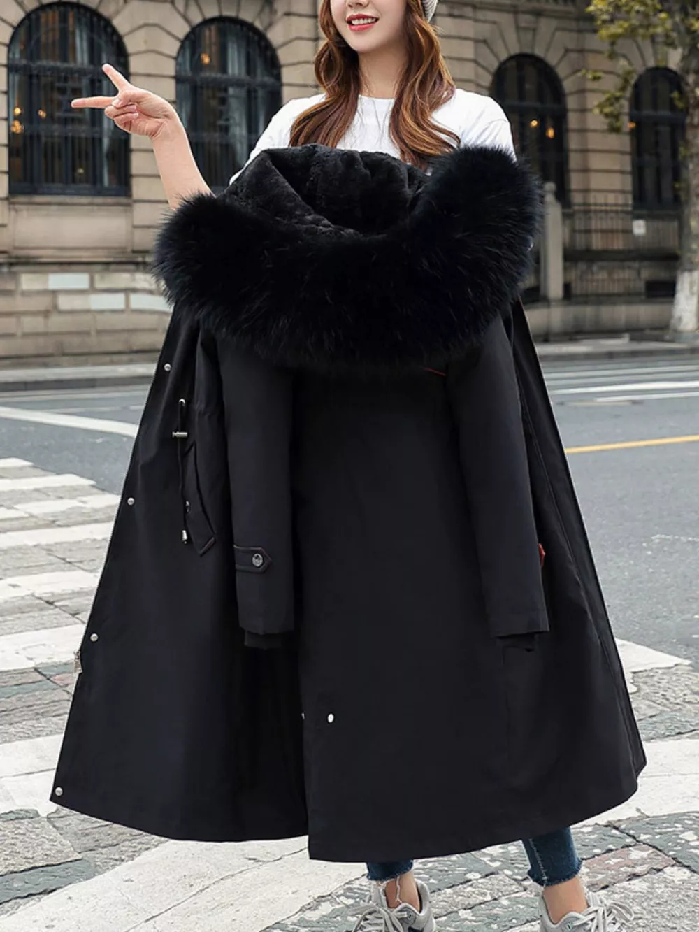 Plus Size Detachable Longline Hooded Parka with Faux Fur Trim and Drawstring Waist, image 15