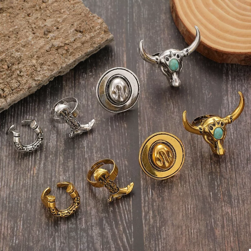 4 Piece Vintage Western Style Bull Head Rings, image 15