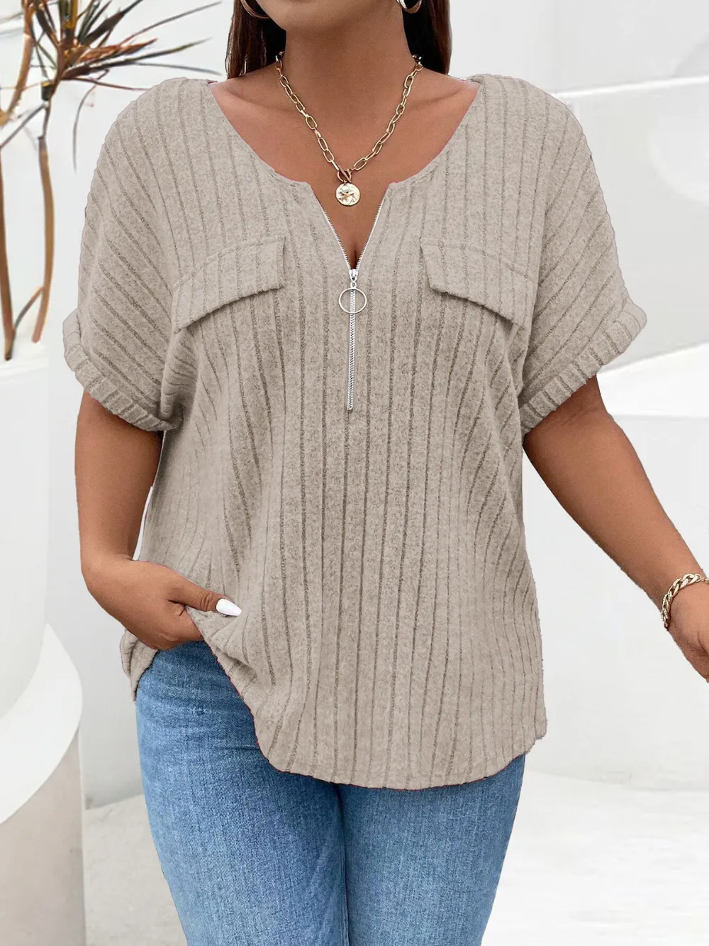 Plus Size Half Zip Short Sleeve T-Shirt, image 10