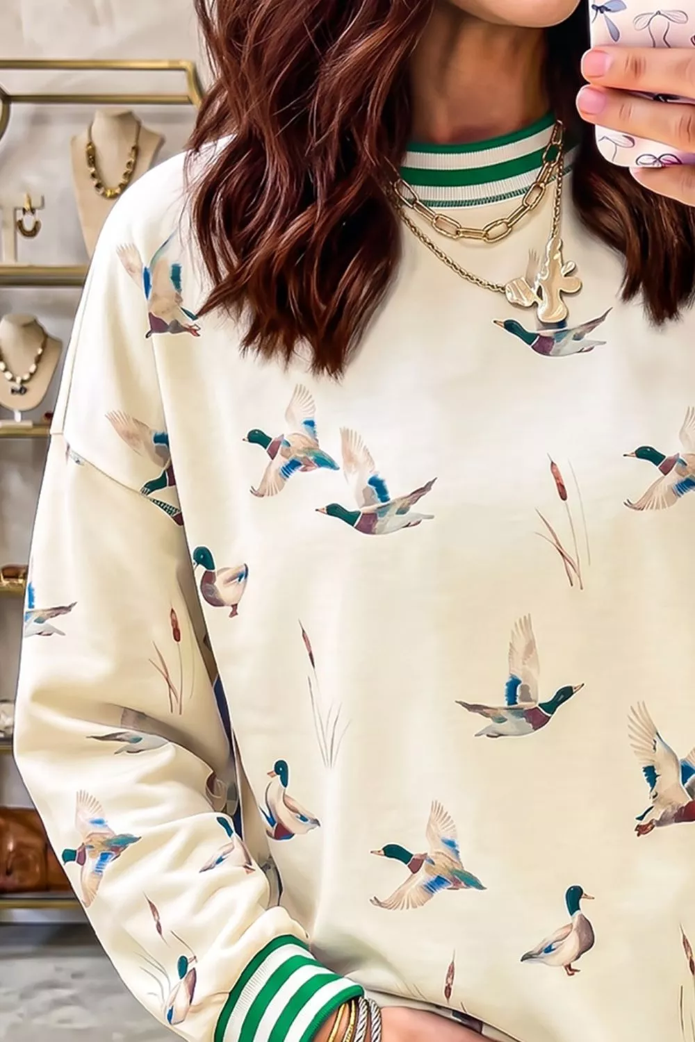 Whimsical Duck Print Sweatshirt with Striped Trim, image 3