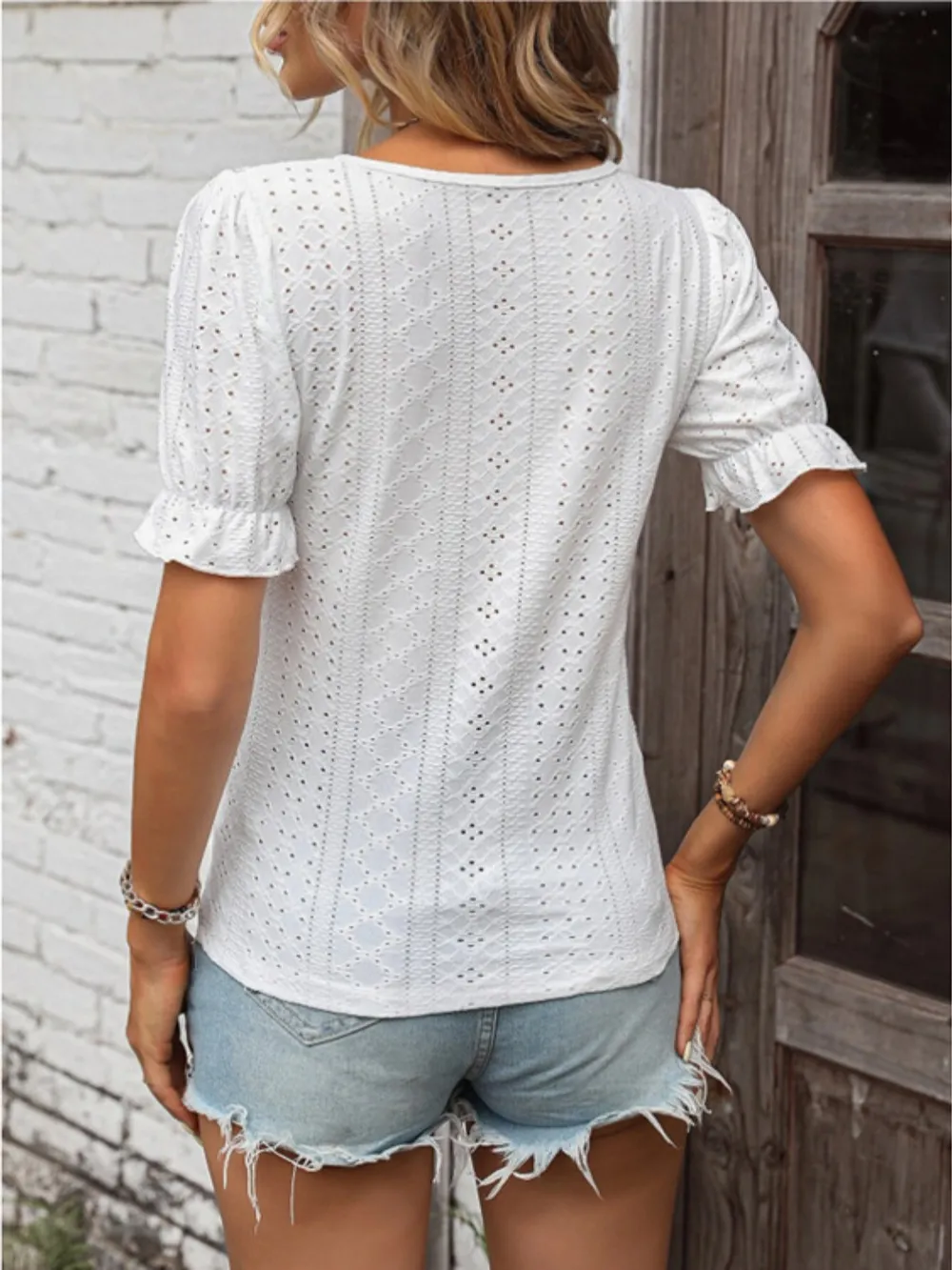 Eyelet Lace Detail V-Neck Flounce Sleeve Blouse, image 2