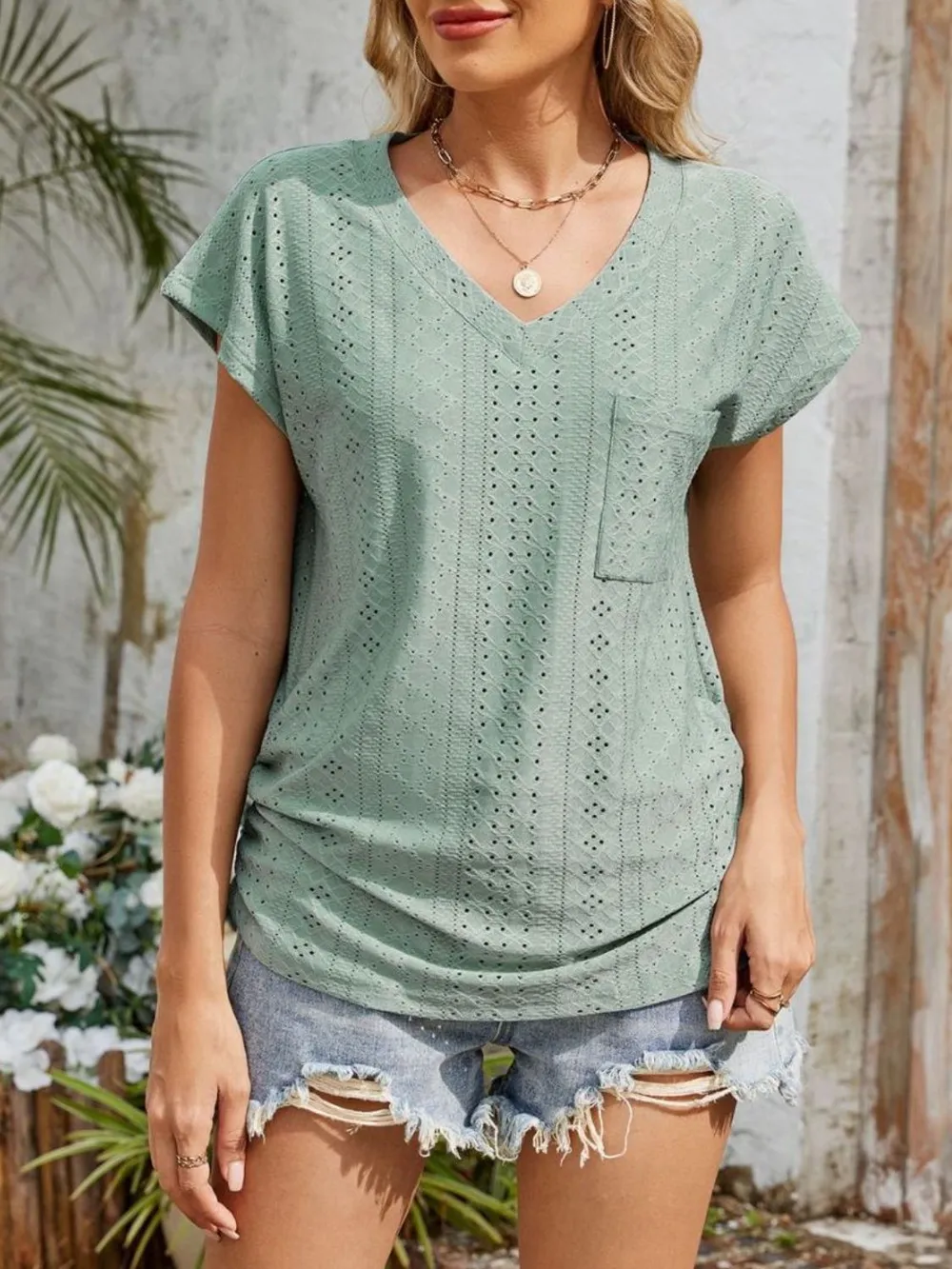 Eyelet V-Neck Short Sleeve Top, image 32